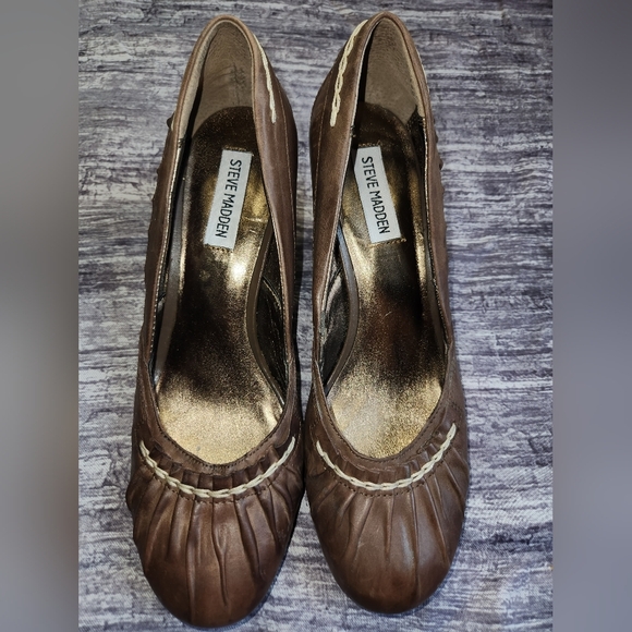 Steve Madden Brown Leather Ruched Round Toe Block Heel Pumps Comfortable Shoes - Picture 12 of 15